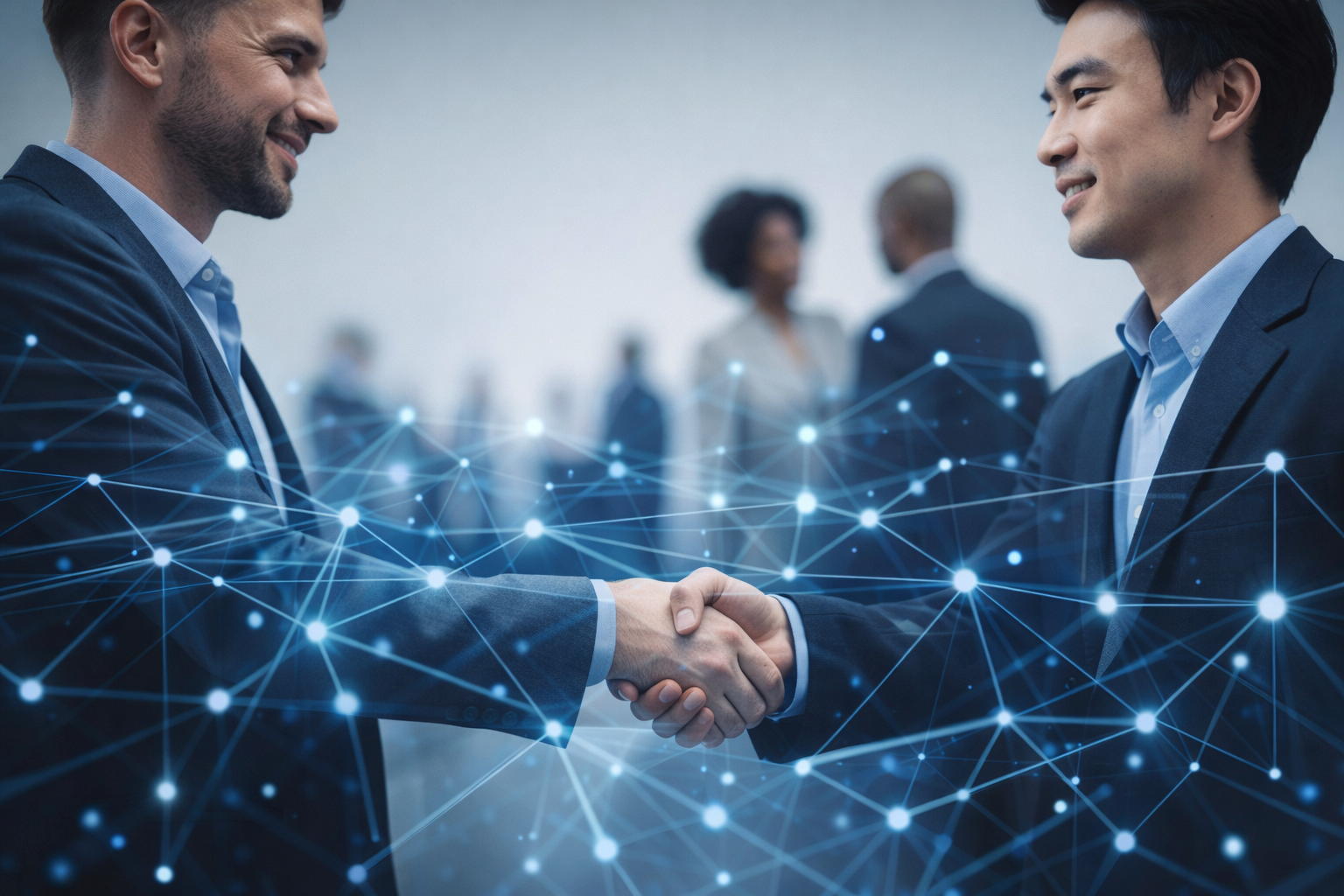 Business professionals connecting through a digital network, symbolizing collaboration and partnership